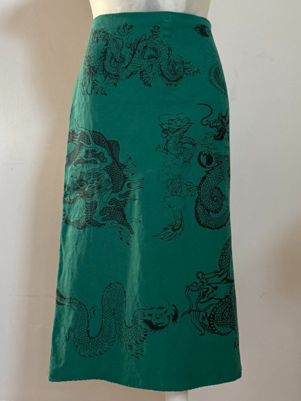 Y2K Emerald Green Black Dragon Print Midi Skirt Linen Size S